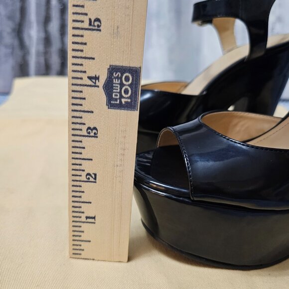 NWT Forever 21 Black Patent Platform Heels Ankle Strap Open Toe Sandals - Size 6 - Picture 7 of 9